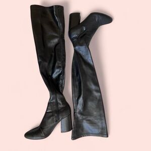 Faux Leather Thigh High Heeled Boots Pointed Toe